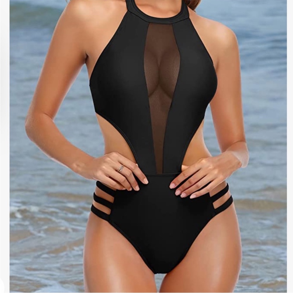 Tempt Me one piece high neck halter swim suit with cut out sides black size XL